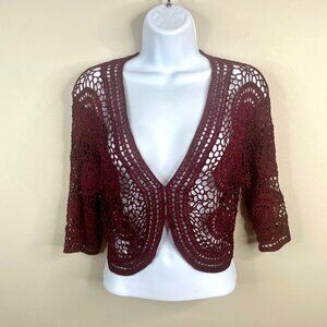 Vintage Y2K Zashi Whimsigoth Fairy Grunge Crochet Bolero Sweater Large Burgundy